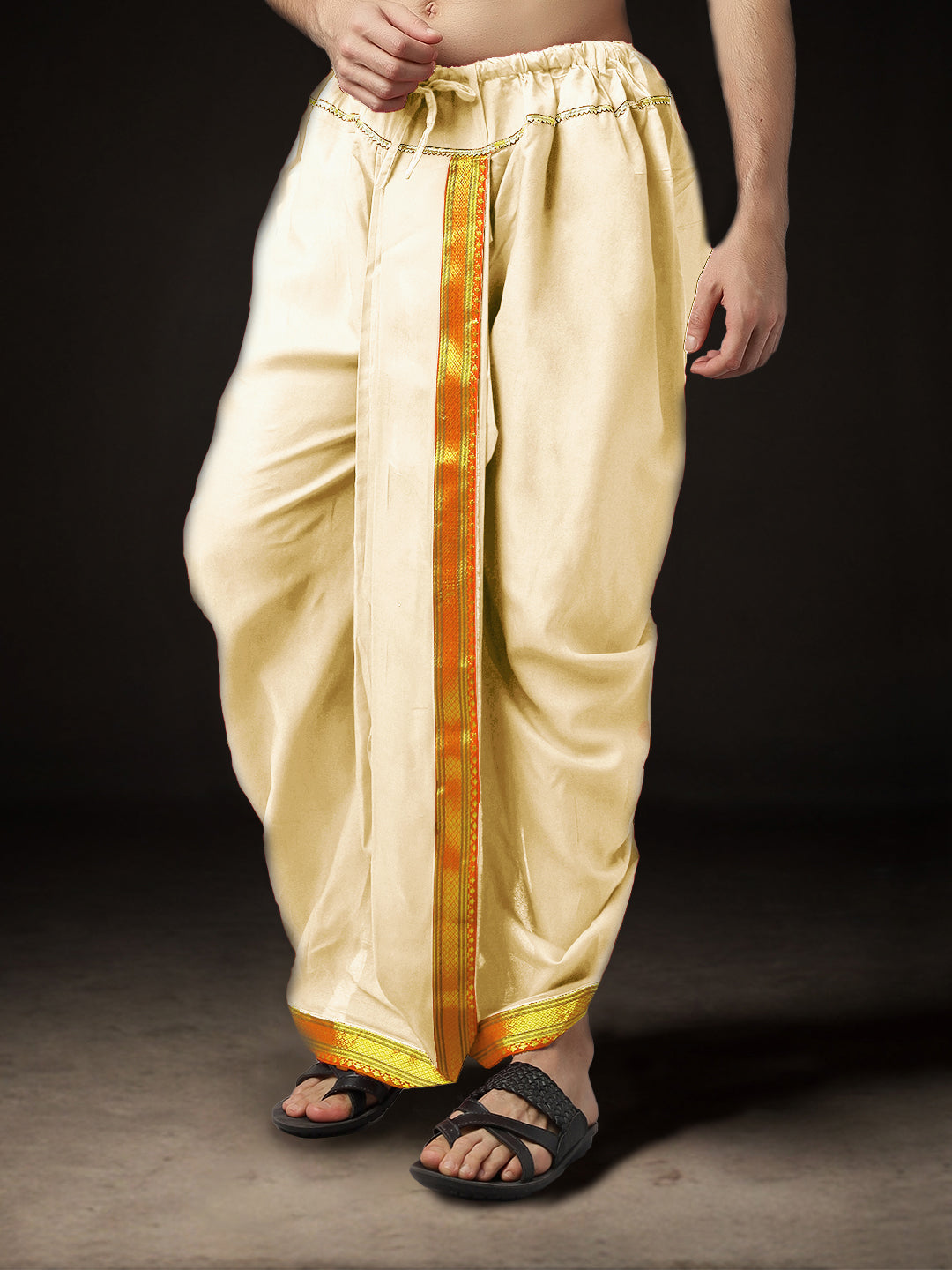 Ready-Made Dhoti for Men Pack of 2 Phakkat – Cream Dhoti Close-Up Border & Fabric Detail