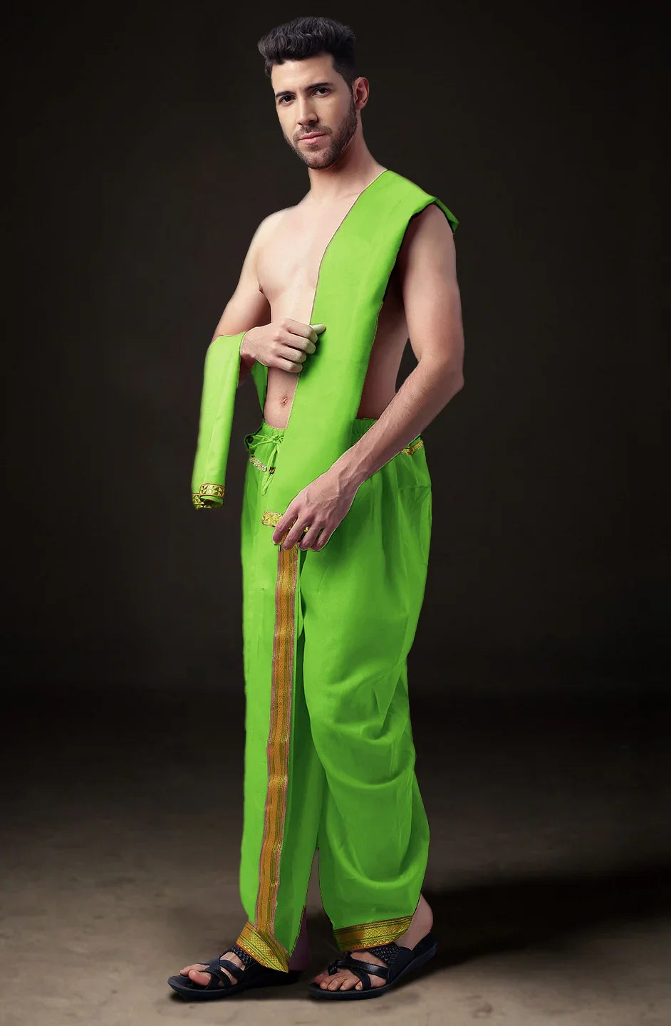 Ready-Made Dhoti with Dupatta for Men Phakkat – Olive Dhoti Fabric Texture & Border