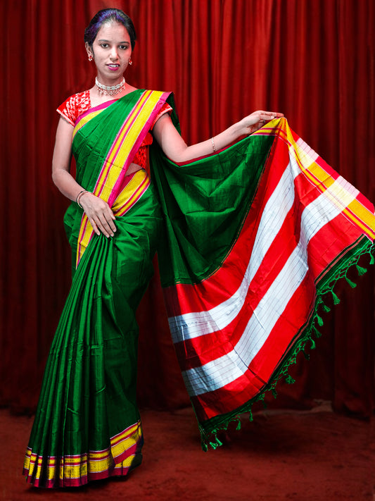 Irkal Cotton Saree for Women Phakkat Green Saree Front View