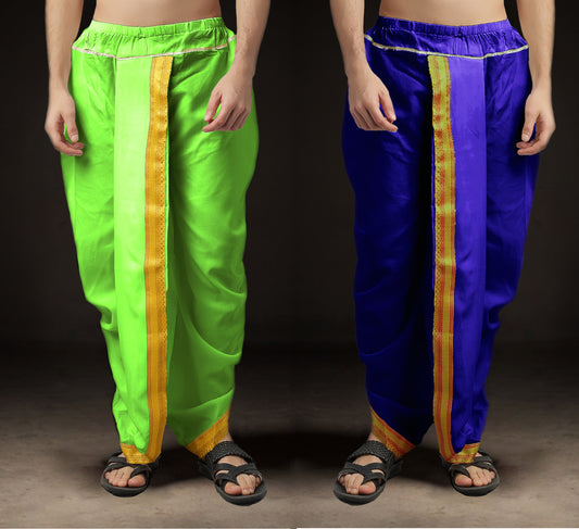 Ready-Made Dhoti for Men Pack of 2 Phakkat – Olive & Blue Dhoti Combo Front View