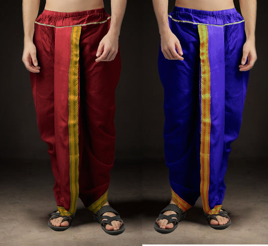 Ready-Made Dhoti for Men Pack of 2 Phakkat – Maroon & Blue Dhoti Combo Front View