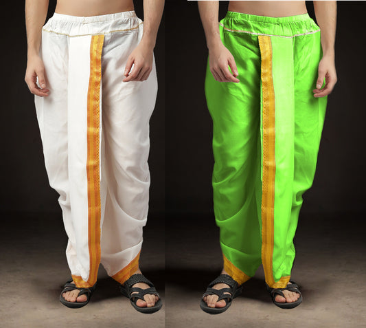 Readymade Dhoti for Men Pack of 2 Phakkat – White & Olive Dhoti Combo Front View