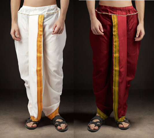 Ready-Made Dhoti for Men Pack of 2 Phakkat in white and maroon art silk, perfect for festive occasions and ceremonies.