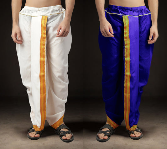 Readymade Dhoti for Men Pack of 2 Phakkat – White & Blue Dhoti Combo Front View