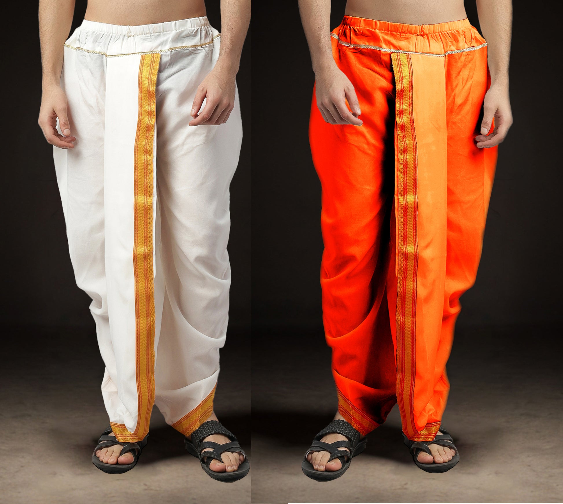 Readymade Dhoti for Men Pack of 2 Phakkat – White & Keshari Orange Dhoti Combo Front View