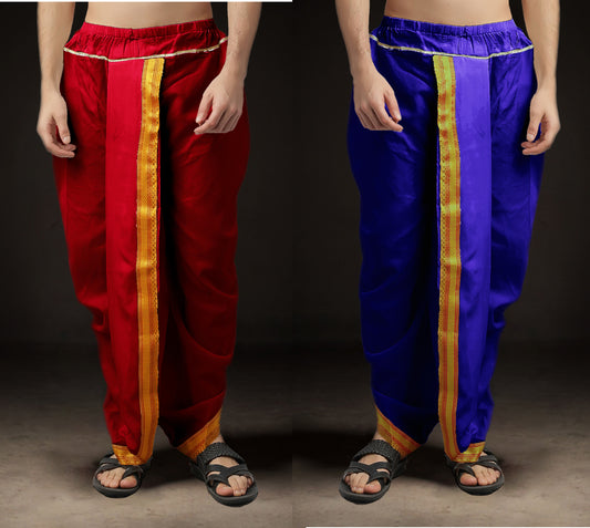 Ready-Made Dhoti for Men Pack of 2 Phakkat – Red & Blue Dhoti Combo Front View