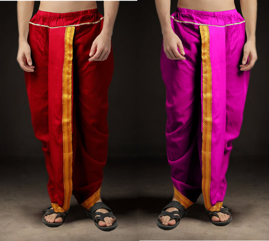 Ready-Made Dhoti for Men Pack of 2 Phakkat – Red & Light Purple Dhoti Combo Front View