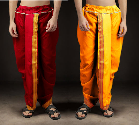 Ready-Made Dhoti for Men Pack of 2 Phakkat – Red & Yellow Dhoti Combo Front View