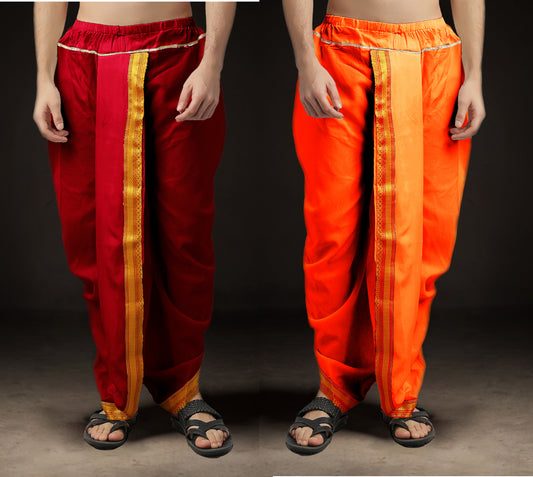Ready-Made Dhoti for Men Pack of 2 Phakkat – Red & Orange Dhoti Combo Front View