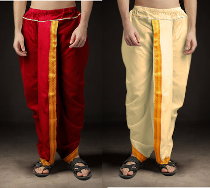 Ready-Made Dhoti for Men Pack of 2 Phakkat – Red & Cream Dhoti Combo Front View