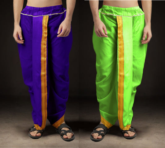 Ready-Made Dhoti for Men Pack of 2 Phakkat – Purple & Olive Dhoti Combo Front View