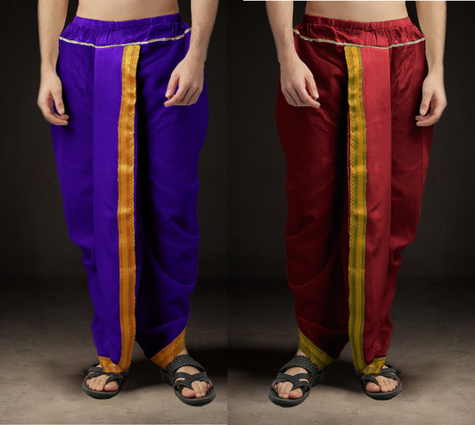 Ready-Made Dhoti for Men Pack of 2 Phakkat – Purple & Red Dhoti Combo Front View