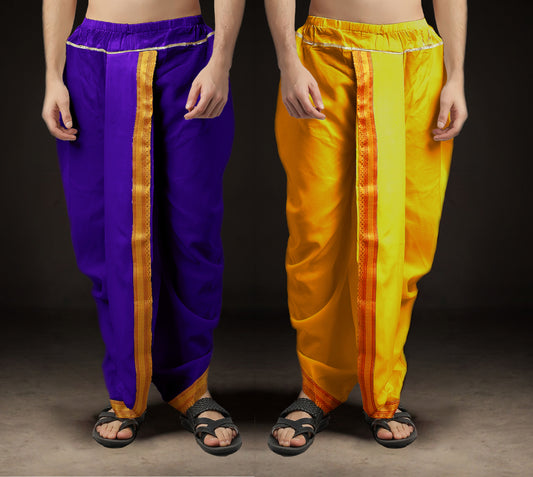 Ready-Made Dhoti for Men Pack of 2 Phakkat – Purple & Yellow Dhoti Combo Front View