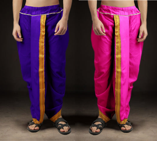 Ready-Made Dhoti for Men Pack of 2 Phakkat – Purple & Pink Dhoti Combo Front View