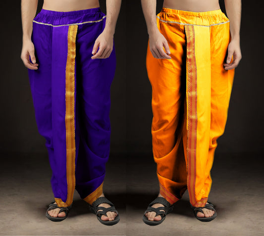 Ready-Made Dhoti for Men Pack of 2 Phakkat – Purple & Light Orange Dhoti Combo Front View