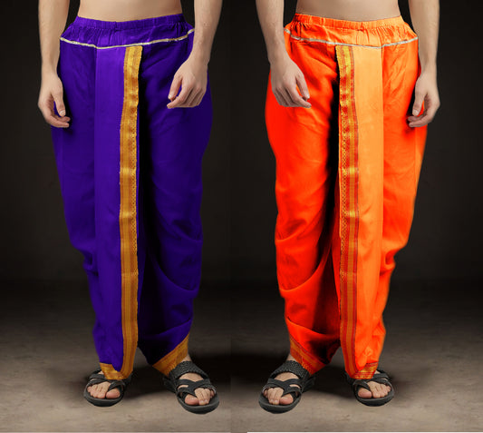 Ready-Made Dhoti for Men Pack of 2 Phakkat – Purple & Orange Dhoti Combo Front View