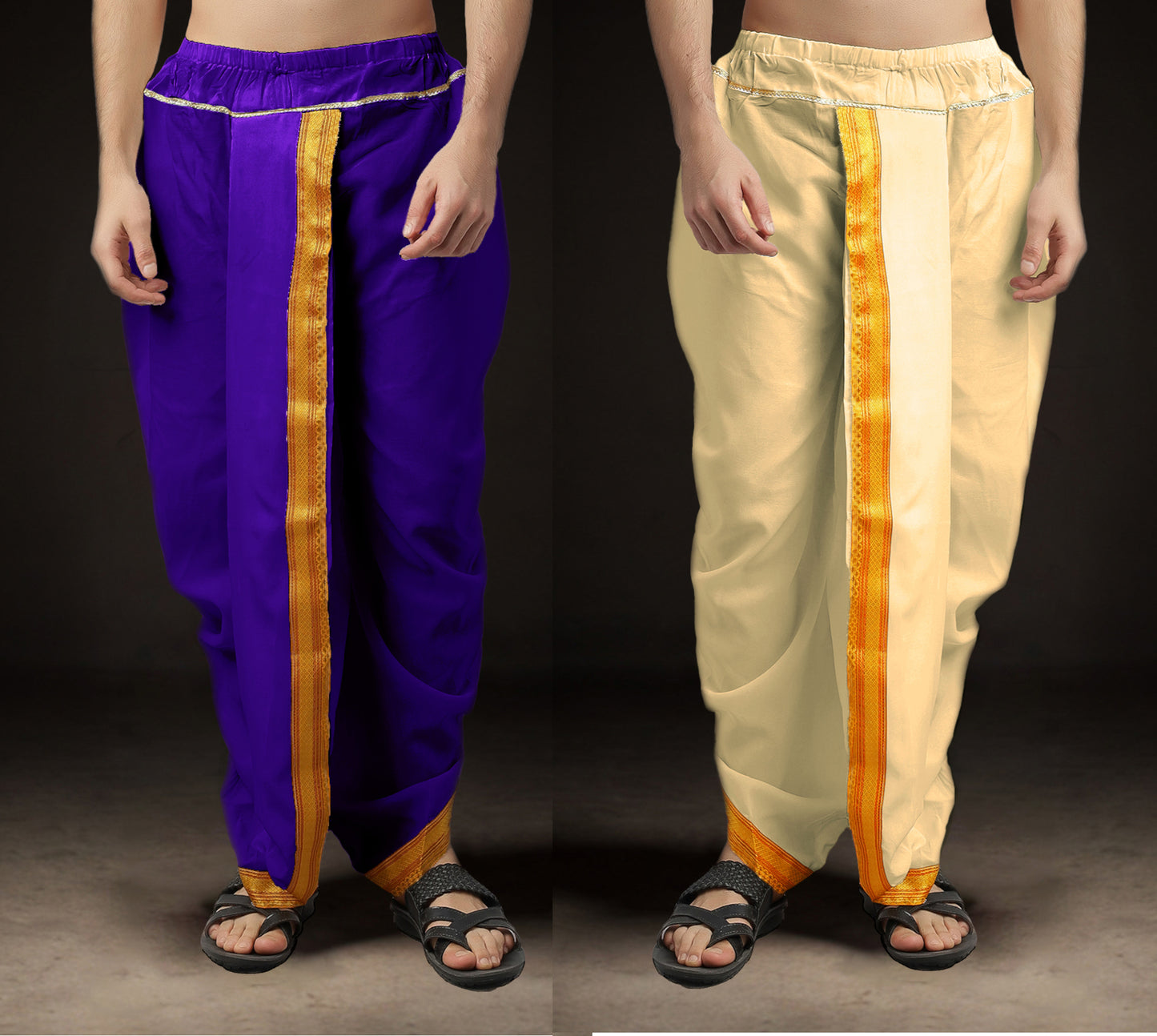 Ready-Made Dhoti for Men Pack of 2 Phakkat – Purple & Cream Dhoti Combo Front View