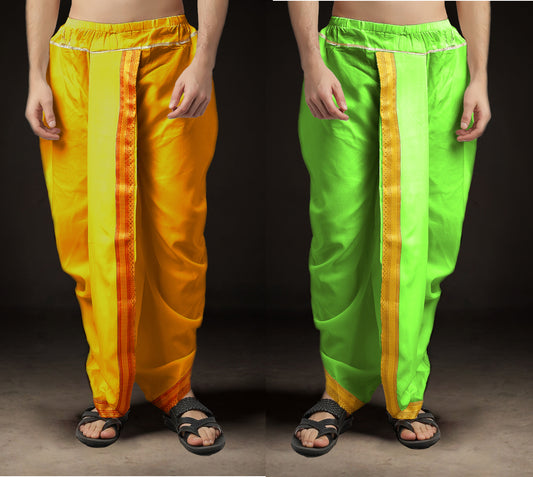 Ready-Made Dhoti for Men Pack of 2 Phakkat – Yellow & Olive Dhoti Combo Front View