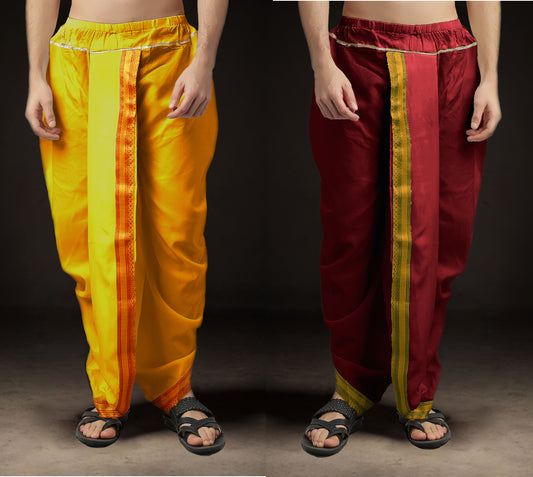 Ready-Made Dhoti for Men Pack of 2 Phakkat – Yellow & Maroon Dhoti Combo Front View