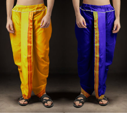 Ready-Made Dhoti for Men Pack of 2 Phakkat – Yellow & Blue Dhoti Combo Front View