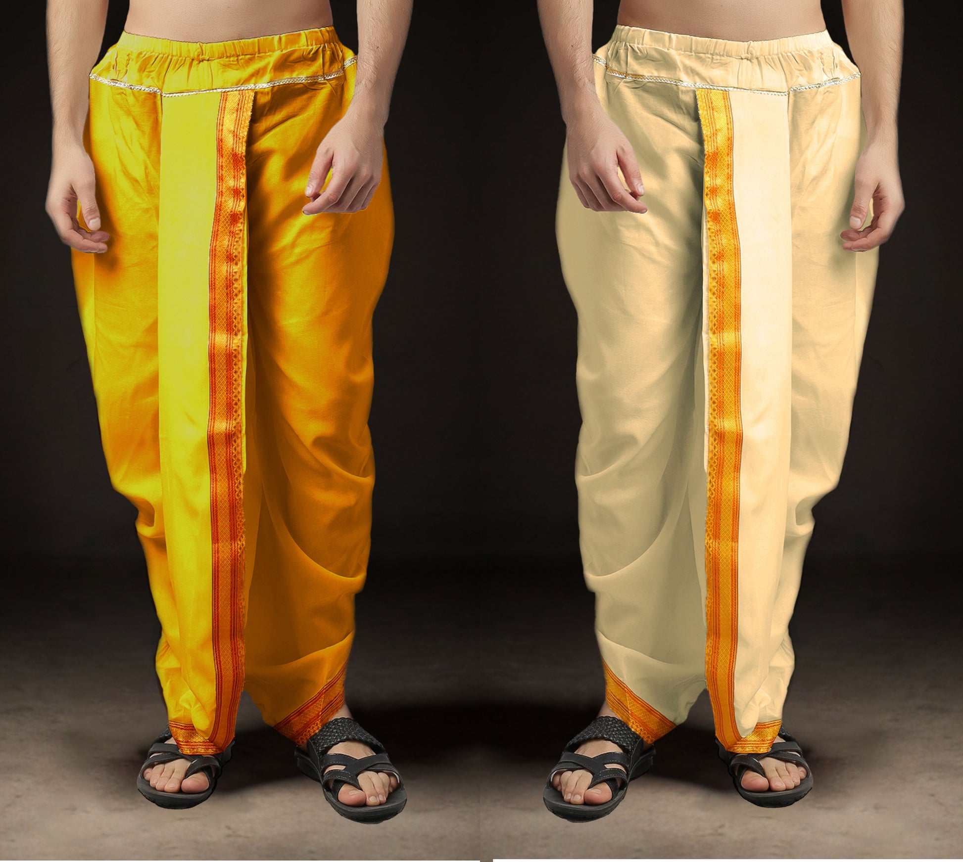 Ready-Made Dhoti for Men Pack of 2 Phakkat – Yellow & Cream Dhoti Combo Front View
