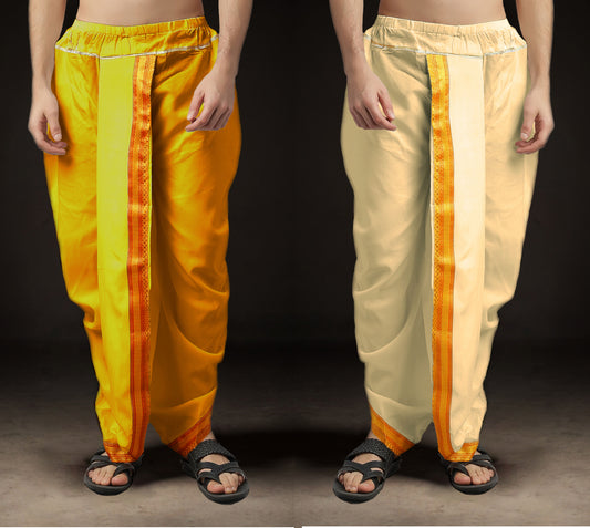Ready-Made Dhoti for Men Pack of 2 Phakkat – Yellow & Cream Dhoti Combo Front View