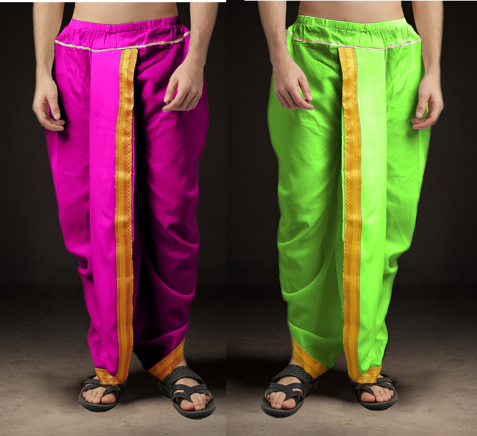 Ready-Made Dhoti for Men Pack of 2 Phakkat – Light Purple & Olive Dhoti Combo Front View