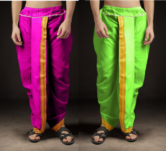 Ready-Made Dhoti for Men Pack of 2 Phakkat – Light Purple & Olive Dhoti Combo Front View