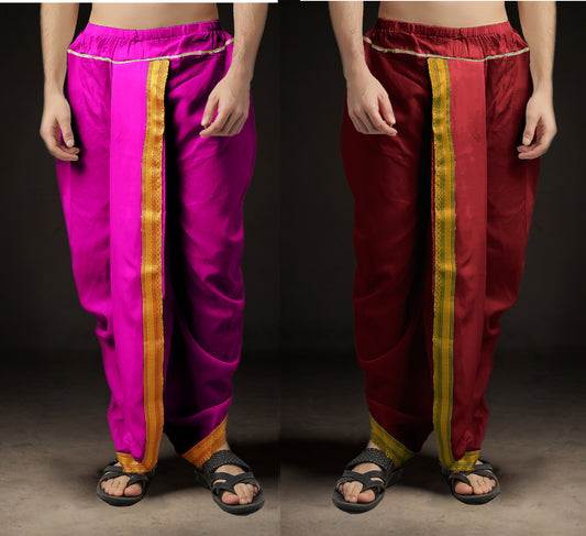 Ready-Made Dhoti for Men Pack of 2 Phakkat – Light Purple & Maroon Dhoti Combo Front View