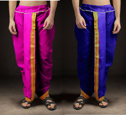 Ready-Made Dhoti for Men Pack of 2 Phakkat – Light Purple & Blue Dhoti Combo Front View