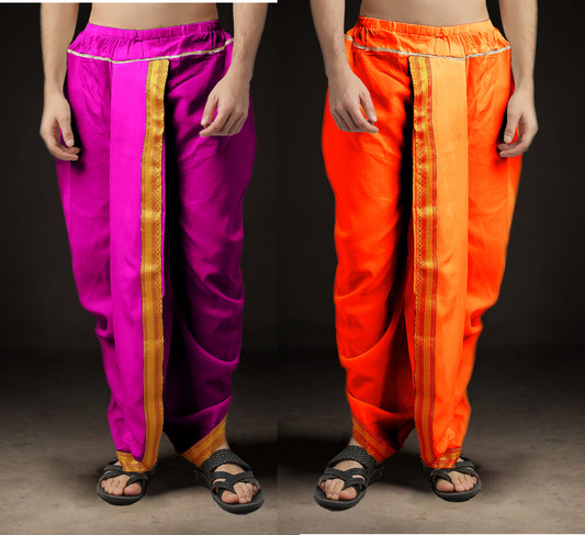 Ready-Made Dhoti for Men Pack of 2 Phakkat – Light Purple & Keshari Orange Dhoti Combo Front View