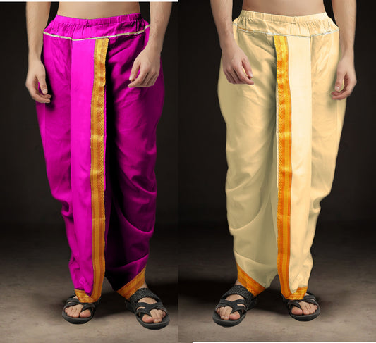 Ready-Made Dhoti for Men Pack of 2 Phakkat – Light Purple & Cream Dhoti Combo Front View