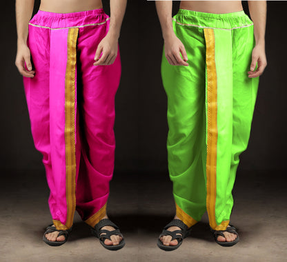 Ready-Made Dhoti for Men Pack of 2 Phakkat – Pink & Olive Dhoti Combo Front View
