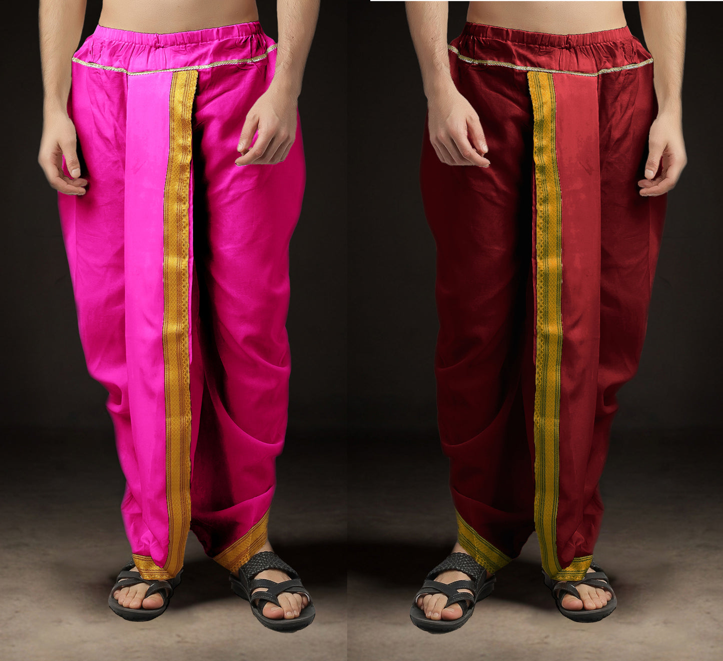 Ready-Made Dhoti for Men Pack of 2 Phakkat – Pink & Maroon Dhoti Combo Front View