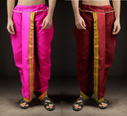 Ready-Made Dhoti for Men Pack of 2 Phakkat – Pink & Maroon Dhoti Combo Front View