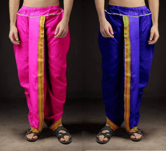 Ready-Made Dhoti for Men Pack of 2 Phakkat – Pink & Blue Dhoti Combo Front View