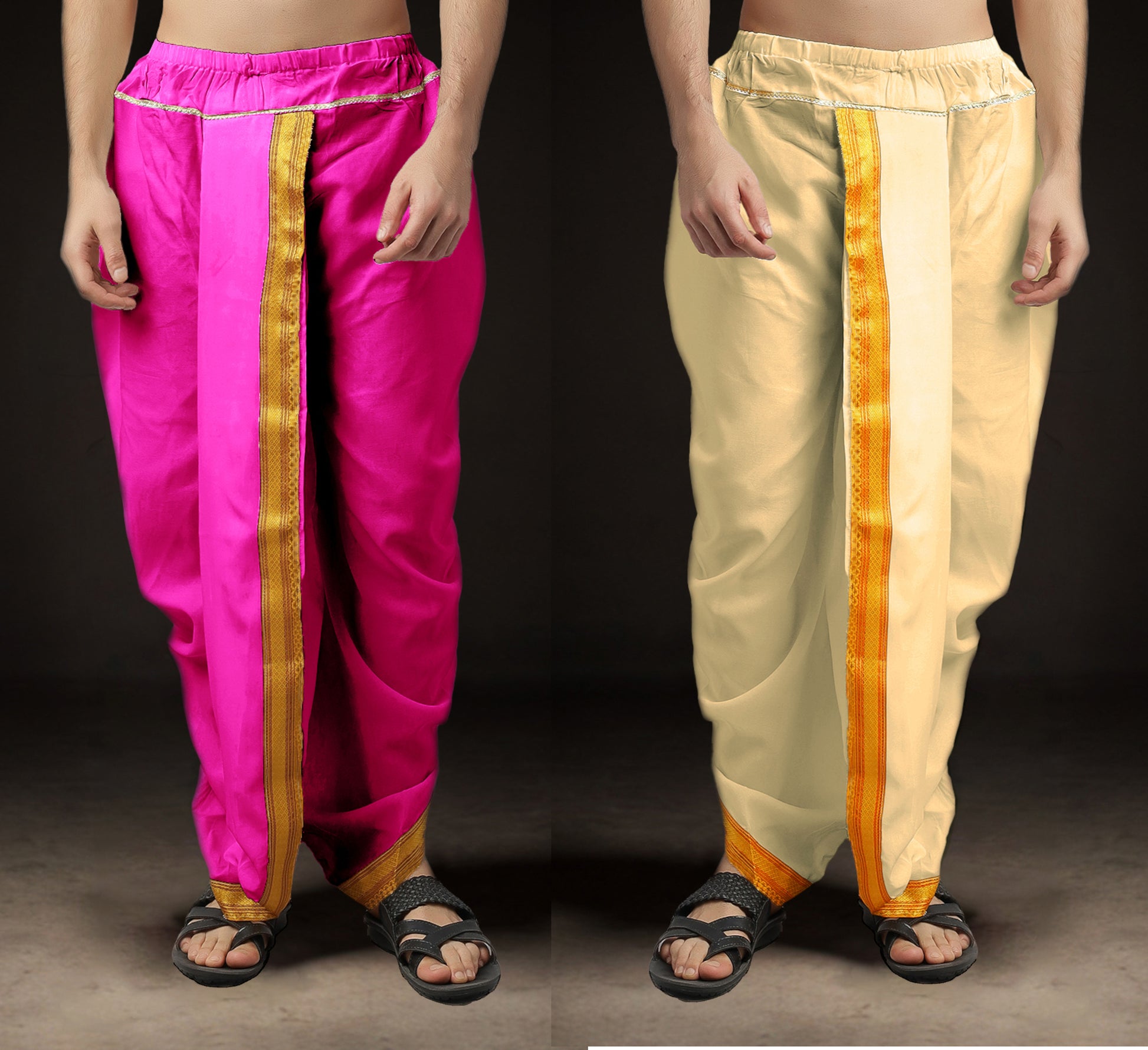 Ready-Made Dhoti for Men Pack of 2 Phakkat – Pink & Cream Dhoti Combo Front View