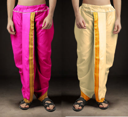 Ready-Made Dhoti for Men Pack of 2 Phakkat – Pink & Cream Dhoti Combo Front View