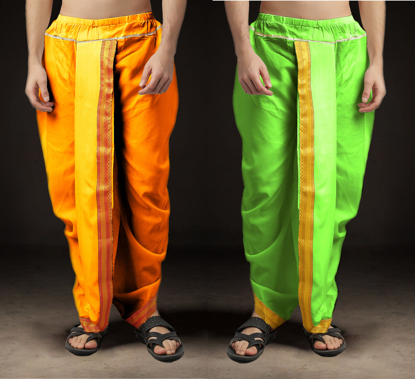 Ready-Made Dhoti for Men Pack of 2 Phakkat – Light Orange & Olive Dhoti Combo Front View