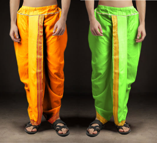 Ready-Made Dhoti for Men Pack of 2 Phakkat – Light Orange & Olive Dhoti Combo Front View
