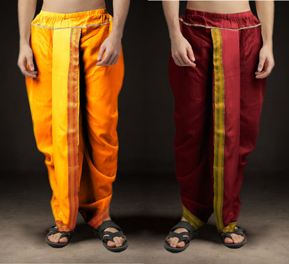 Ready-Made Dhoti for Men Pack of 2 Phakkat – Light Orange & Maroon Dhoti Combo Front View
