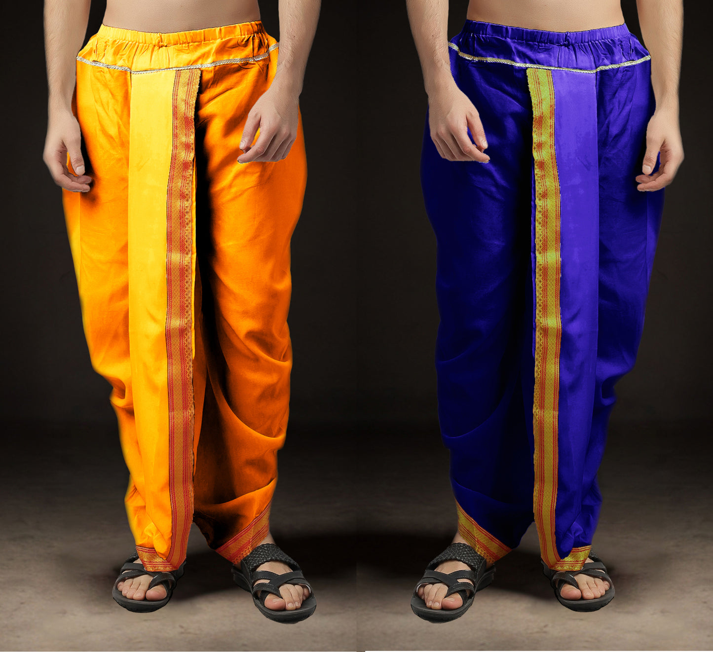 Ready-Made Dhoti for Men Pack of 2 Phakkat – Light Orange & Blue Dhoti Combo Front View