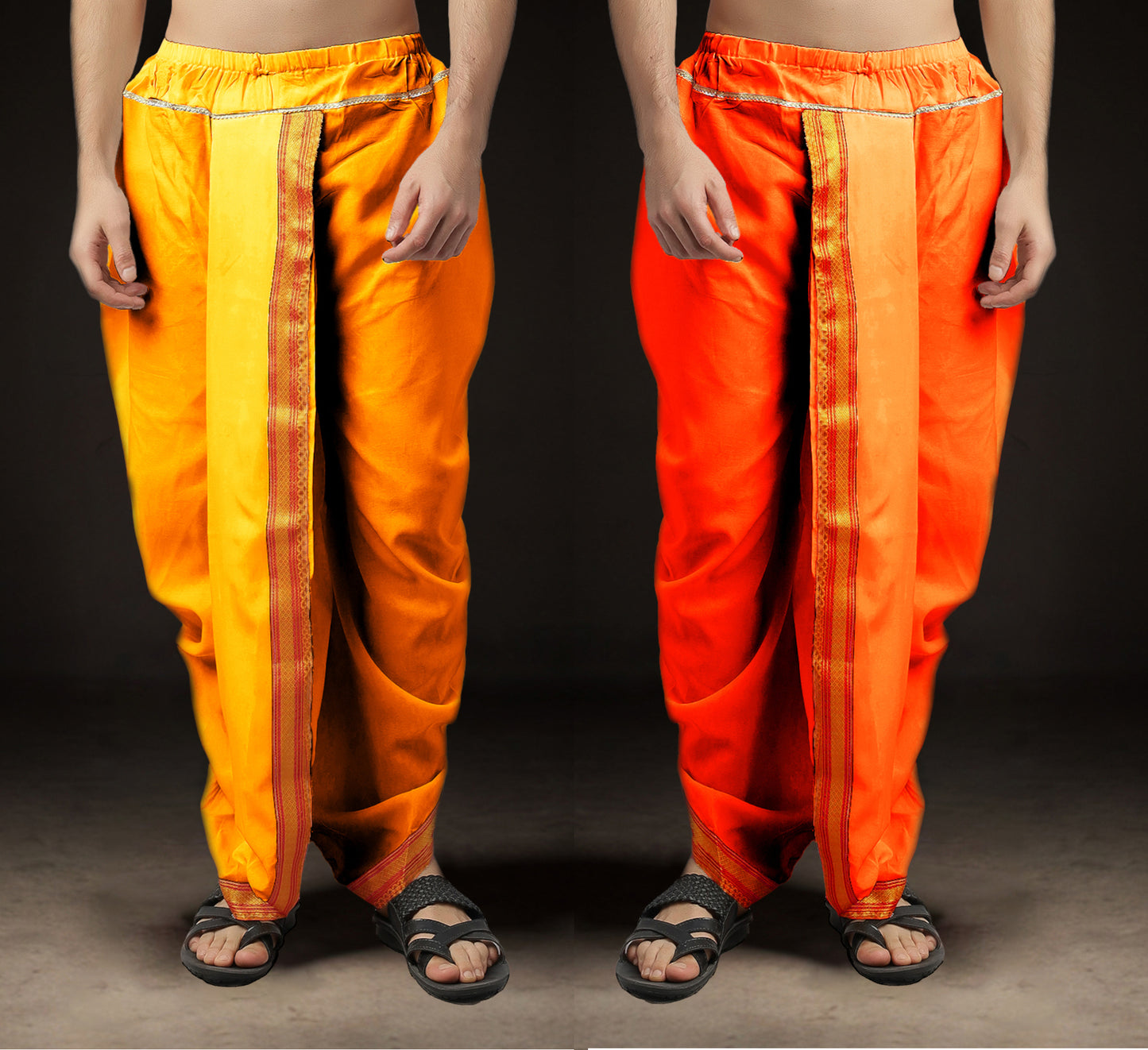 Ready-Made Dhoti for Men Pack of 2 Phakkat – Light Orange & Keshari Orange Dhoti Combo Front View