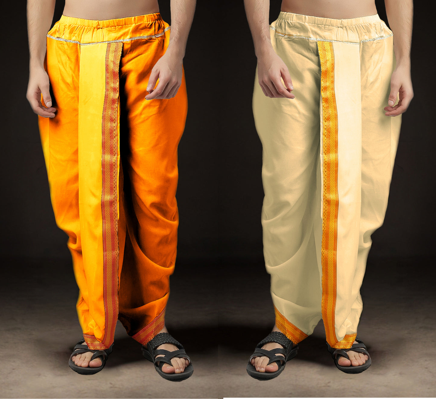 Ready-Made Dhoti for Men Pack of 2 Phakkat – Light Orange & Cream Dhoti Combo Front View