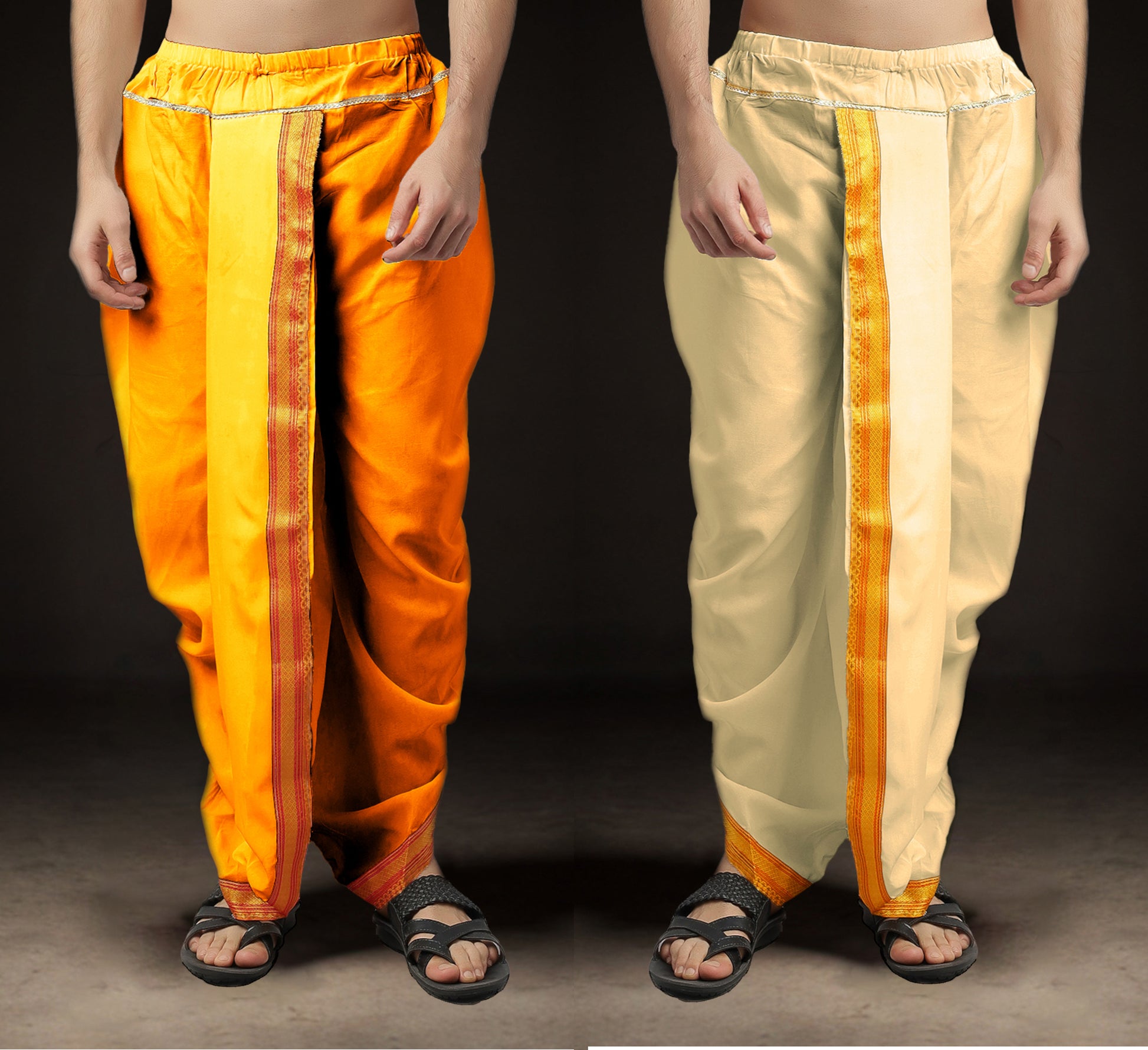 Ready-Made Dhoti for Men Pack of 2 Phakkat – Light Orange & Cream Dhoti Combo Front View