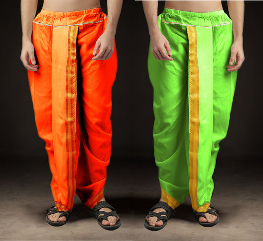 Ready-Made Dhoti for Men Pack of 2 Phakkat – Keshari Orange & Olive Dhoti Combo Front View
