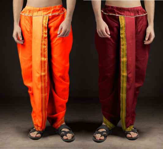 Ready-Made Dhoti for Men Pack of 2 Phakkat – Keshari Orange & Maroon Dhoti Combo Front View