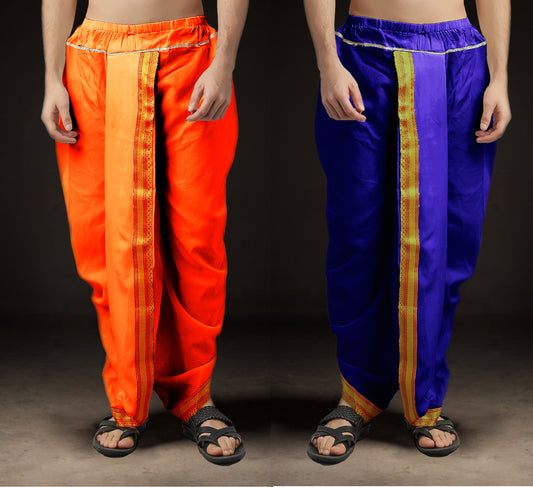 Ready-Made Dhoti for Men Pack of 2 Phakkat – Keshari Orange & Blue Dhoti Combo Front View