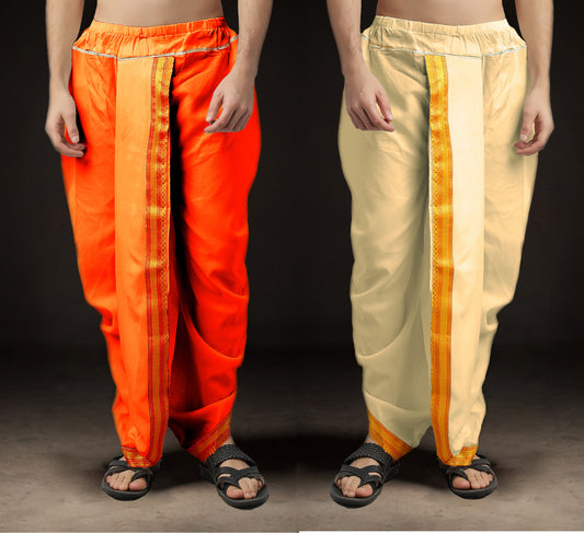 Ready-Made Dhoti for Men Pack of 2 Phakkat – Keshari Orange & Cream Dhoti Combo Front View