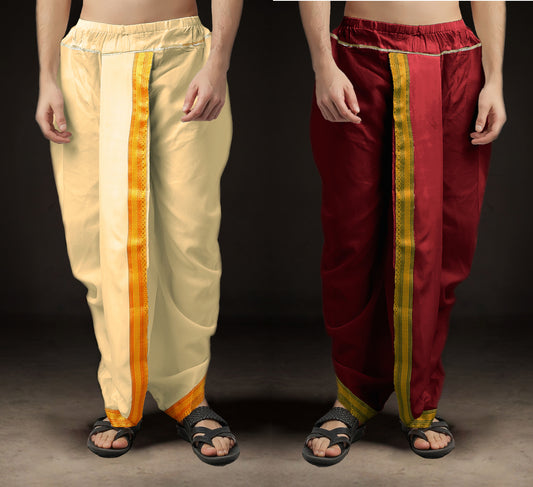 Ready-Made Dhoti for Men Pack of 2 Phakkat – Cream & Maroon Dhoti Combo Front View